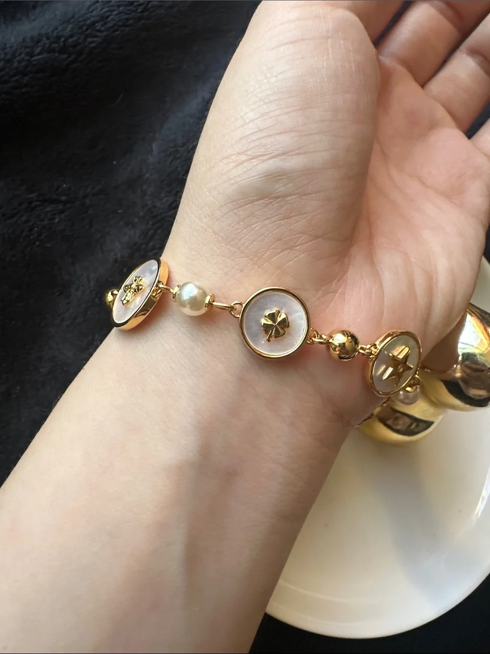 Like New - Dior Gold-Tone Mother-of-Pearl Charm Bracelet with Pearls
